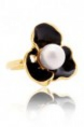 Malý květinový prsten s perlou - černý  