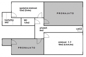 Pronájem kanceláře (19m2) + spol. místnost (12m2) + kuchyňka + soc. zař., Praha 10 (Hostivař)